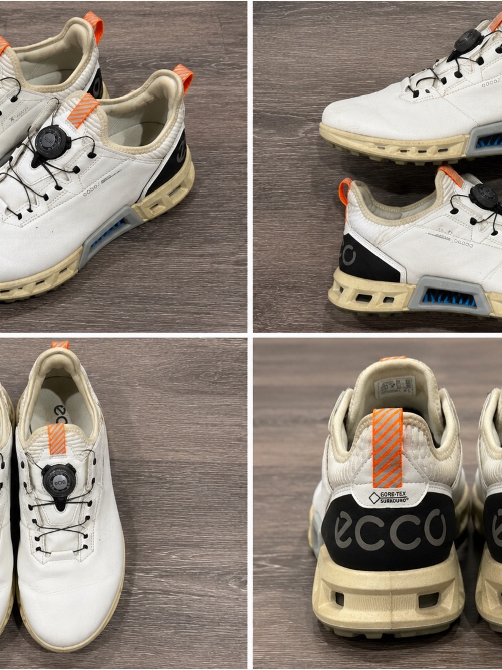 Ecco White Leather Sneakers with Orange Pull Tabs and Blue Sole Accent